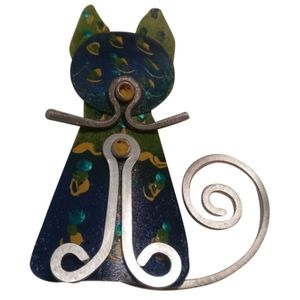Whimsical cat pin brooch signed